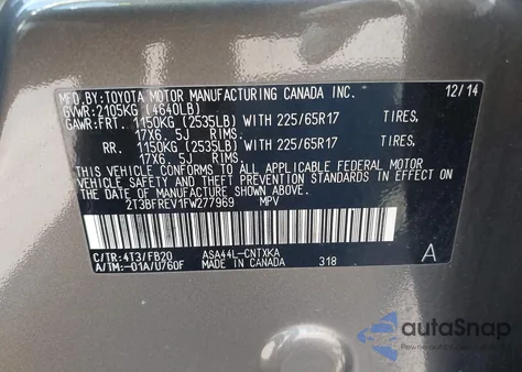 2015 Toyota Rav4 Le from USA, damaged, VIN 2T3BFREV1FW277969